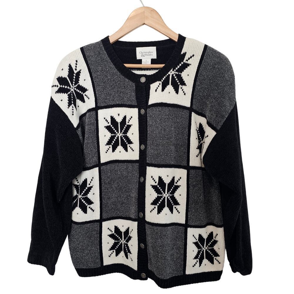 Vintage Christmas Cardigan Womens Sz Large Blk Snowflake Cottage Retro Patchwork